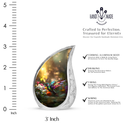 Sunrise Gold Hummingbird Cremation Urn angled view of lid and engraved motif - flowing teardrop hummingbird silhouette on curved aluminum - mini keepsake memorial for portion of cremation ashes