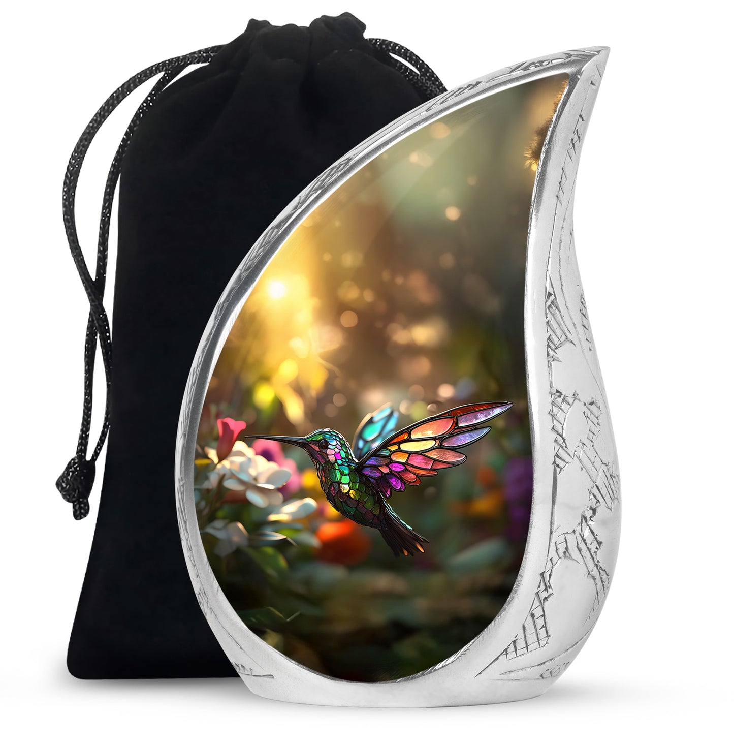 Burnished Gold Hummingbird Cremation Urn front view showing detailed design - smooth teardrop contour featuring hummingbird art - full-size 10 inch 200 cubic inch adult cremation urn
