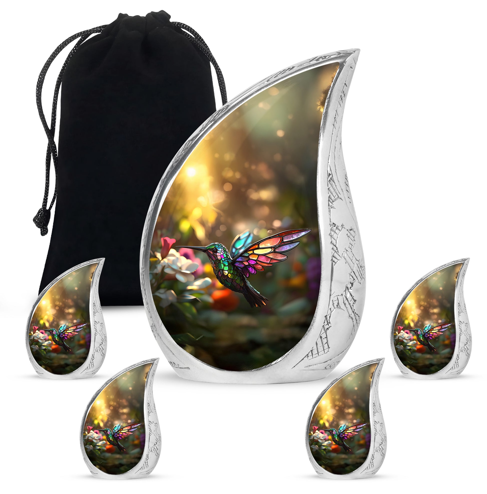 Champagne Gold Hummingbird Cremation Urn side profile showing urn shape - flowing teardrop hummingbird silhouette on curved aluminum - memorial set with one large and four small urns