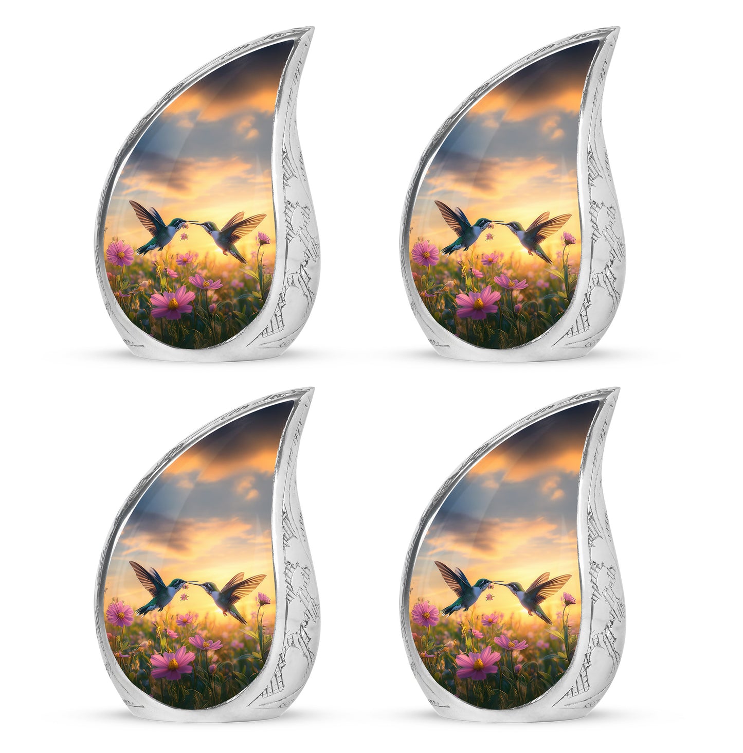 Powder Blue Hummingbird Cremation Urn close-up of engraving and surface detail - flowing teardrop hummingbird silhouette on curved aluminum - 10 inch aluminum urn for cremated remains