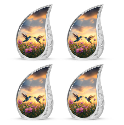Powder Blue Hummingbird Cremation Urn close-up of engraving and surface detail - flowing teardrop hummingbird silhouette on curved aluminum - 10 inch aluminum urn for cremated remains