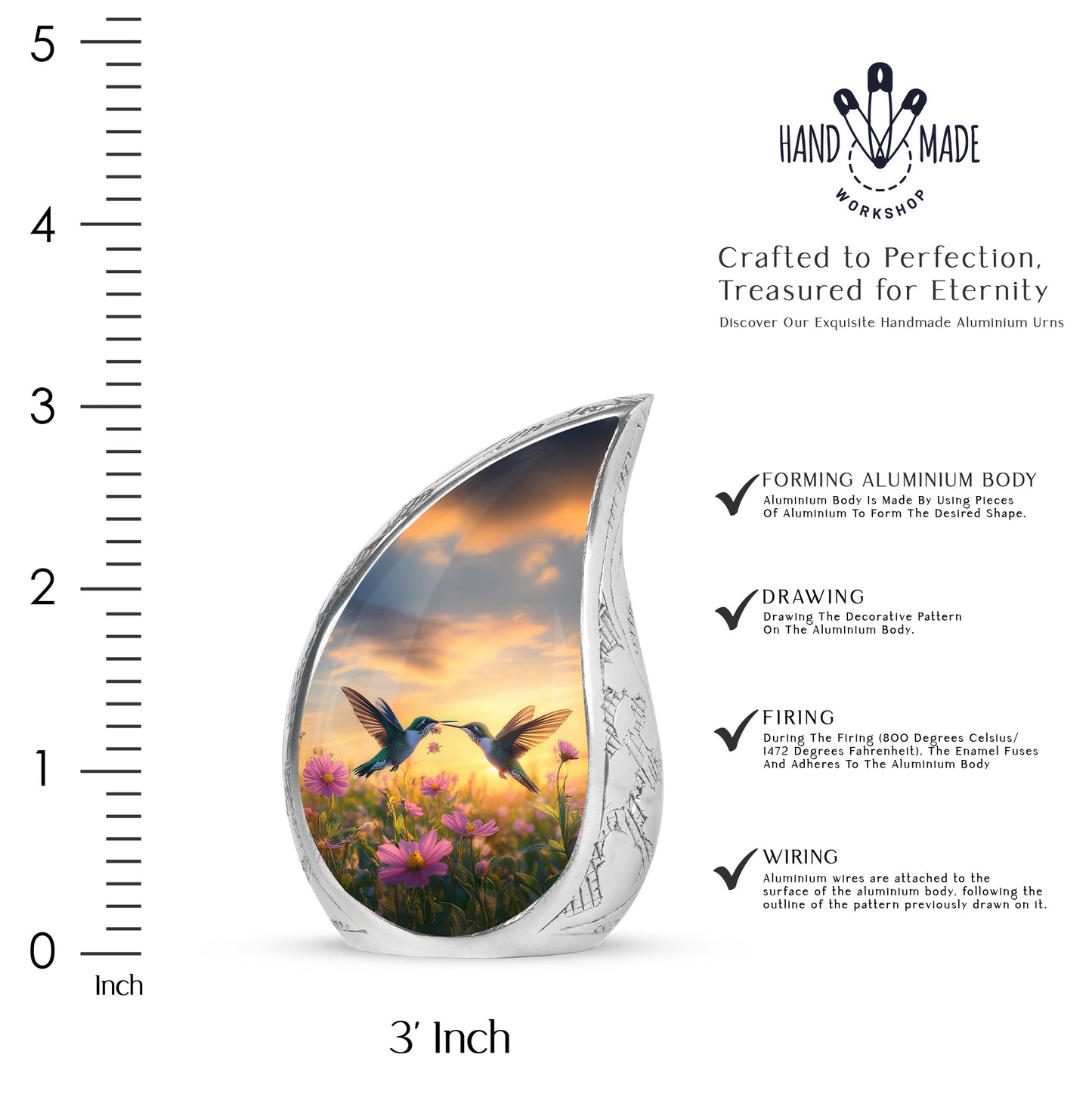 Serene Blue Hummingbird Cremation Urn angled view of lid and engraved motif - graceful tear-shaped urn with hummingbird motif - mini keepsake memorial for portion of cremation ashes