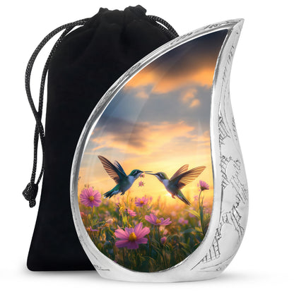 Cornflower Blue Hummingbird Cremation Urn front view showing detailed design - smooth teardrop contour featuring hummingbird art - full-size 10 inch 200 cubic inch adult cremation urn