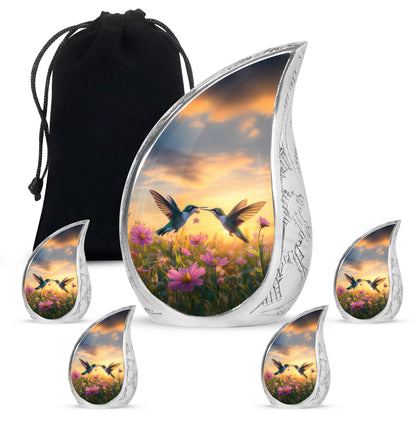 Misty Blue Hummingbird Cremation Urn side profile showing urn shape - rounded teardrop hummingbird design with delicate detail - memorial set with one large and four small urns