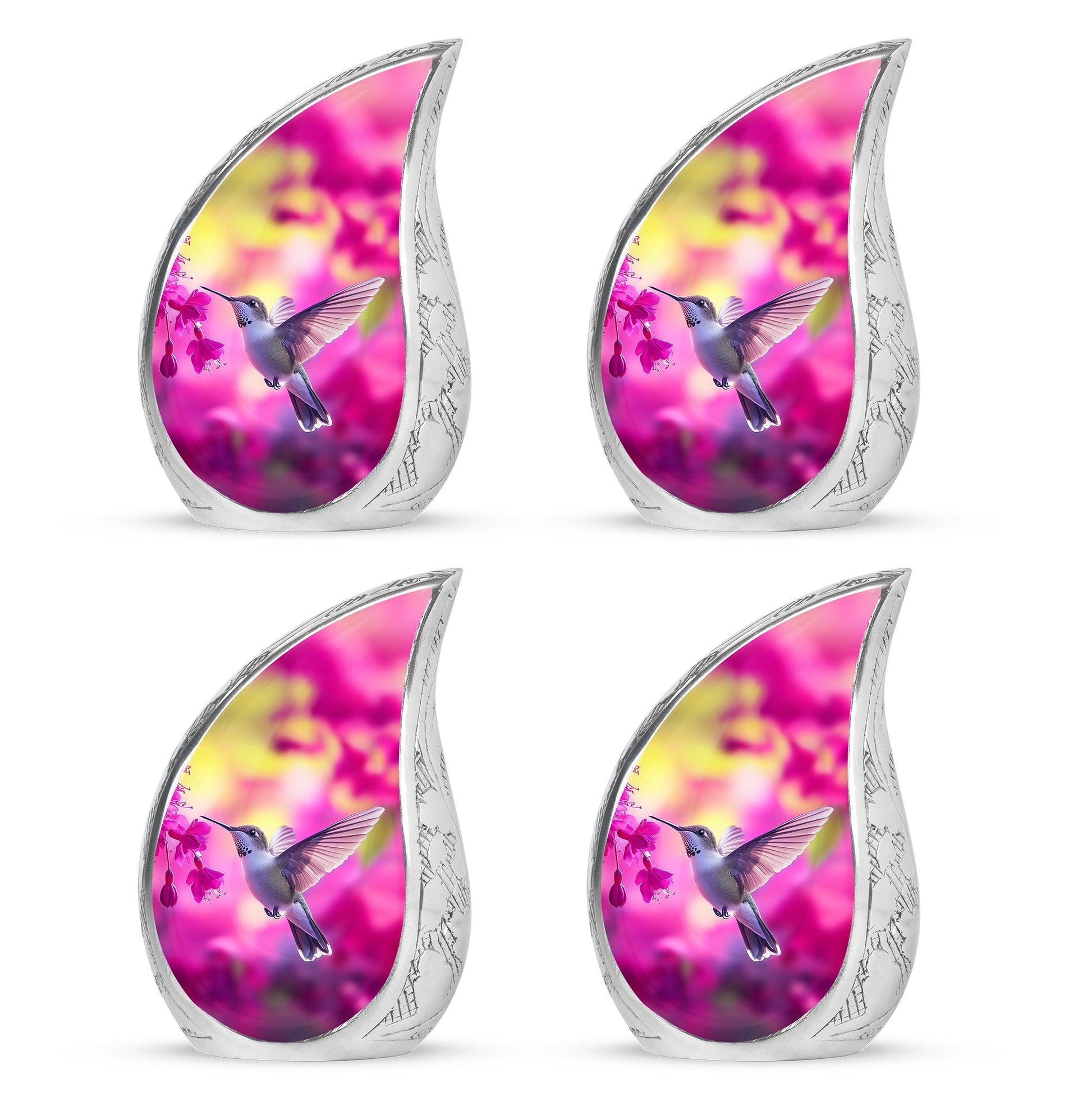 Rose Pink Hummingbird Cremation Urn close-up of engraving and surface detail - rounded teardrop hummingbird design with delicate detail - 10 inch aluminum urn for cremated remains