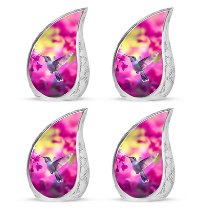 Rose Pink Hummingbird Cremation Urn close-up of engraving and surface detail - rounded teardrop hummingbird design with delicate detail - 10 inch aluminum urn for cremated remains
