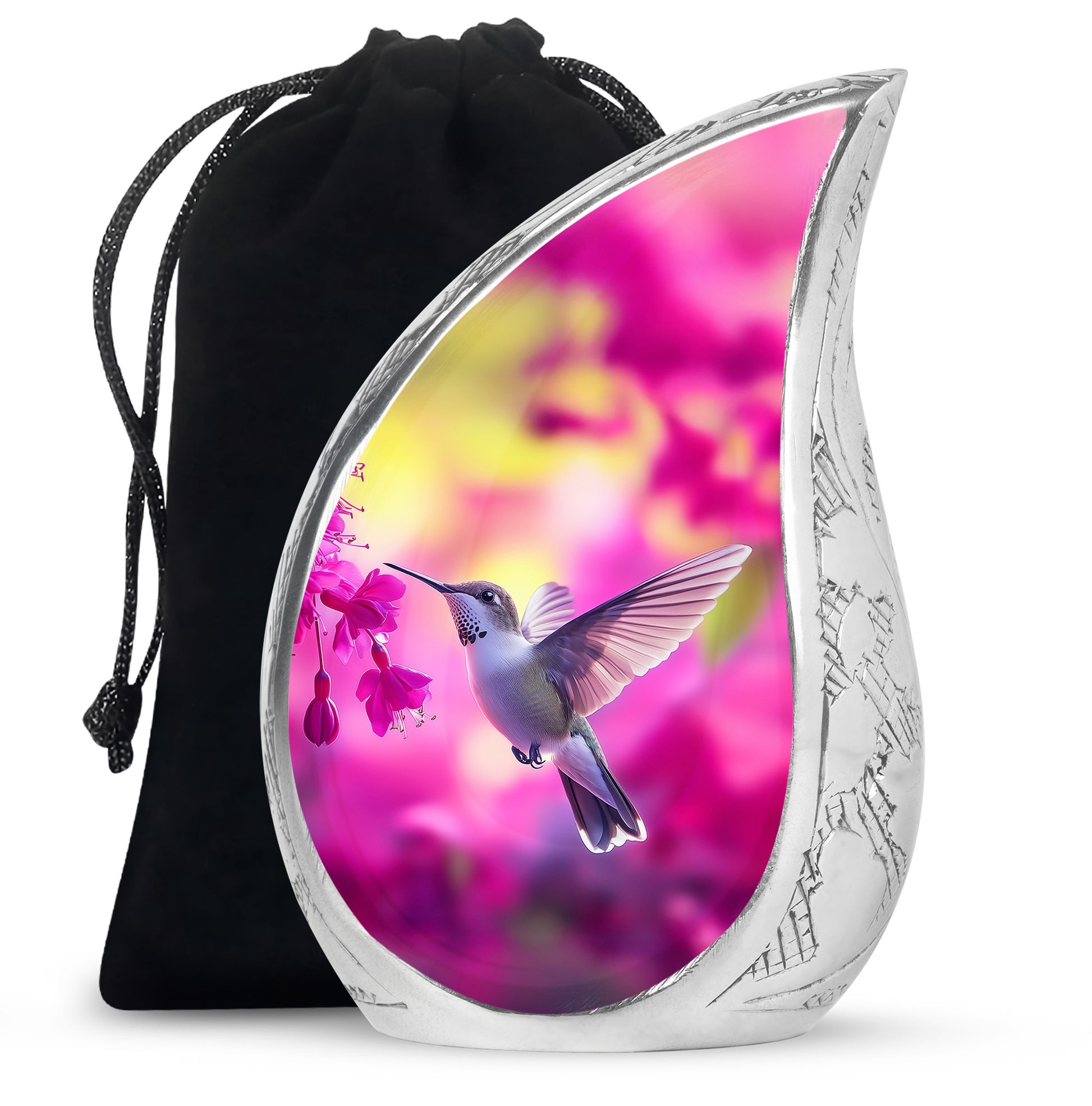 Blush Pink Hummingbird Cremation Urn front view showing detailed design - rounded teardrop hummingbird design with delicate detail - full-size 10 inch 200 cubic inch adult cremation urn