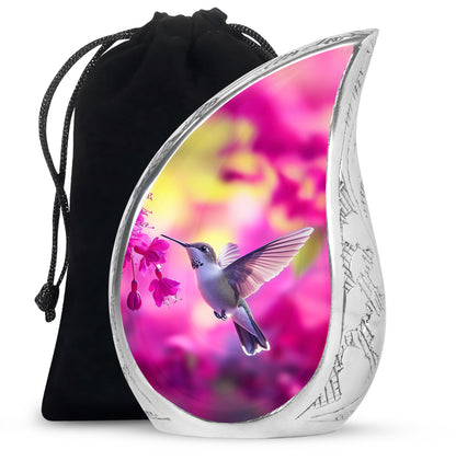 Blush Pink Hummingbird Cremation Urn front view showing detailed design - rounded teardrop hummingbird design with delicate detail - full-size 10 inch 200 cubic inch adult cremation urn