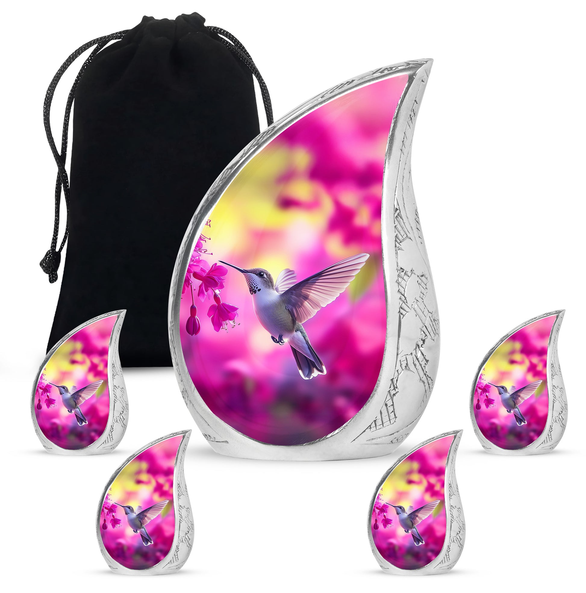 Peony Pink Hummingbird Cremation Urn side profile showing urn shape - rounded teardrop hummingbird design with delicate detail - memorial set with one large and four small urns