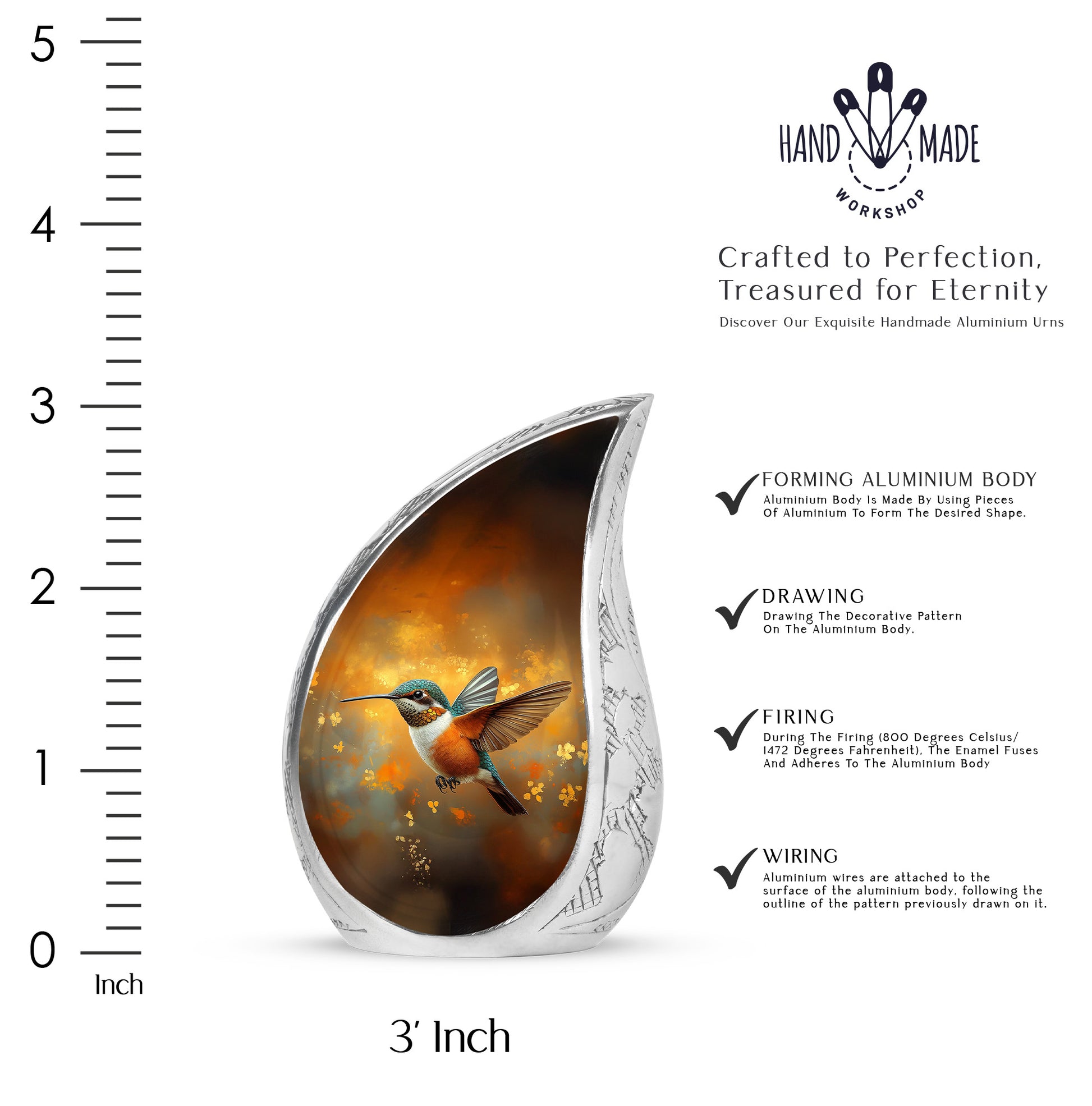 Matte Gold Hummingbird Cremation Urn angled view of lid and engraved motif - graceful tear-shaped urn with hummingbird motif - mini keepsake memorial for portion of cremation ashes