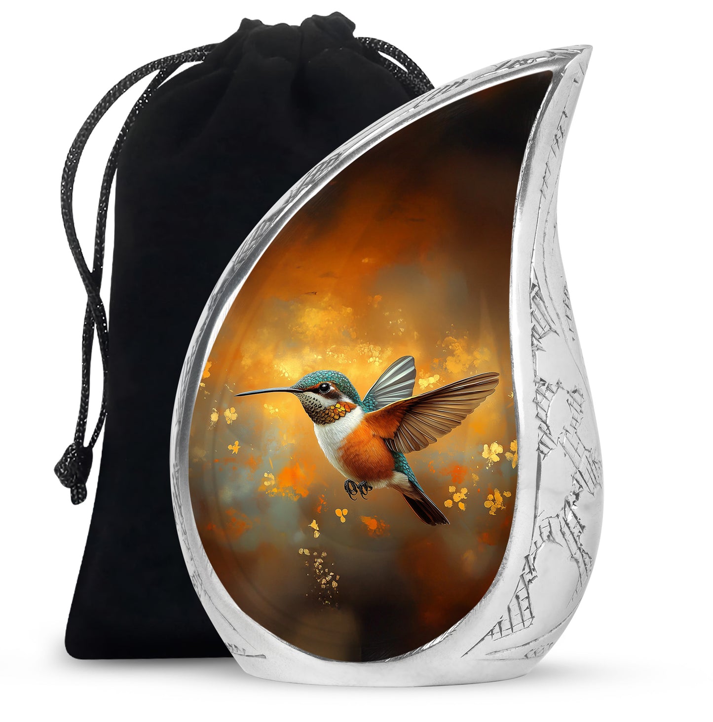 Amber Gold Hummingbird Cremation Urn front view showing detailed design - rounded teardrop hummingbird design with delicate detail - full-size 10 inch 200 cubic inch adult cremation urn