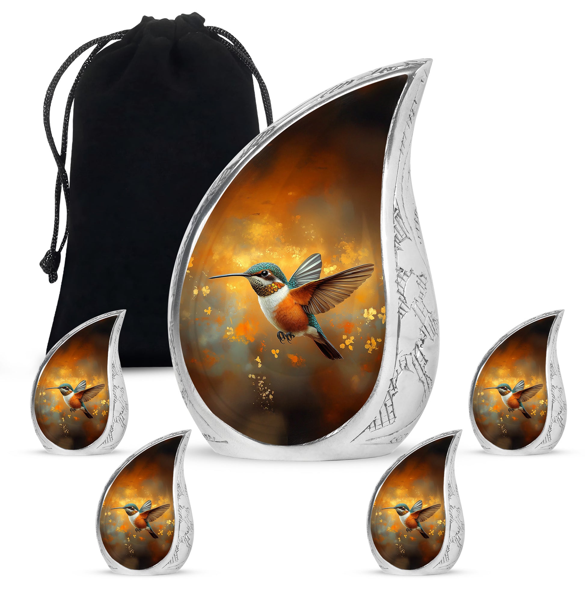 Burnished Gold Hummingbird Cremation Urn side profile showing urn shape - graceful tear-shaped urn with hummingbird motif - memorial set with one large and four small urns