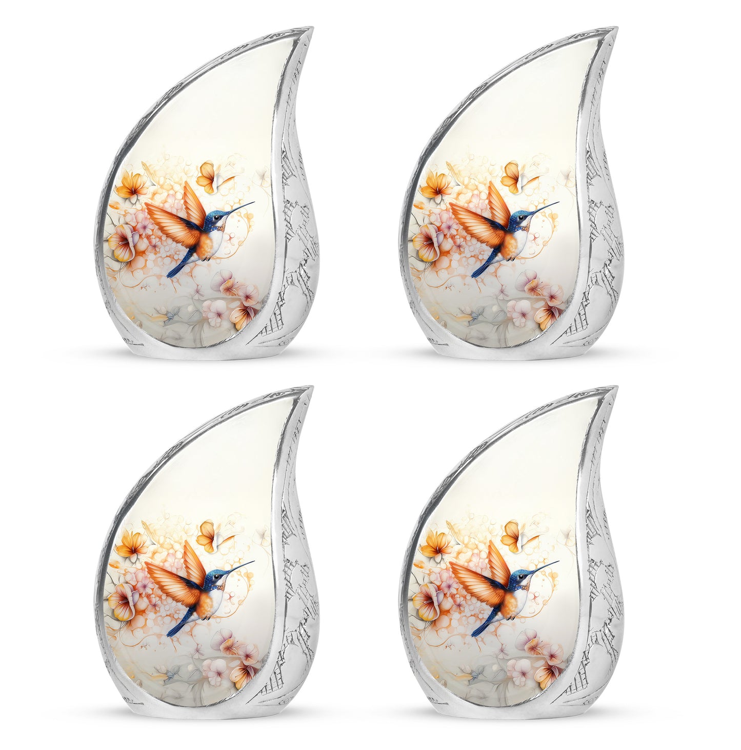 Smoke Gray Hummingbird Cremation Urn close-up of engraving and surface detail - smooth teardrop contour featuring hummingbird art - 10 inch aluminum urn for cremated remains