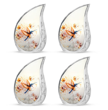 Smoke Gray Hummingbird Cremation Urn close-up of engraving and surface detail - smooth teardrop contour featuring hummingbird art - 10 inch aluminum urn for cremated remains