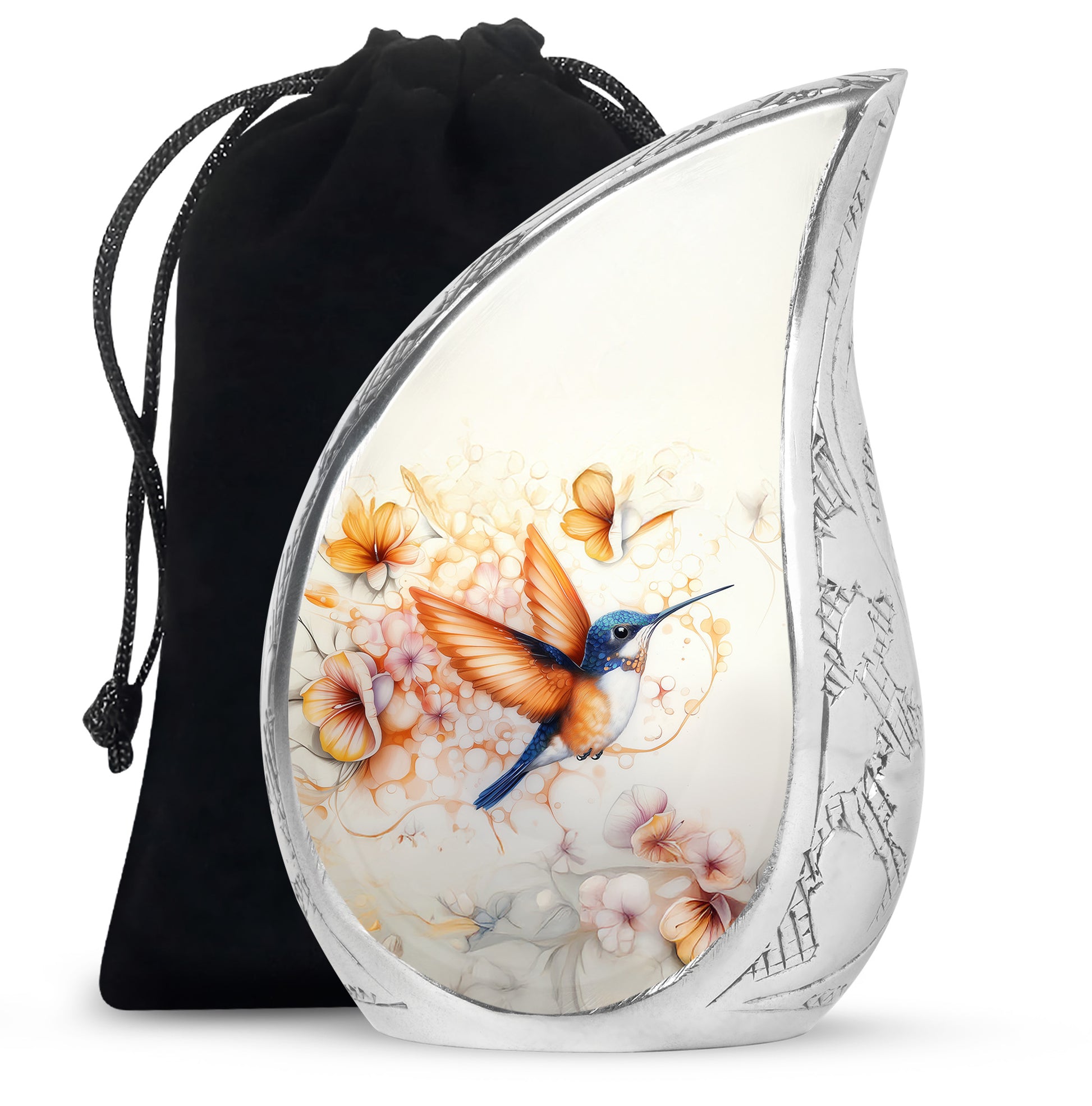 Dove Gray Hummingbird Cremation Urn front view showing detailed design - flowing teardrop hummingbird silhouette on curved aluminum - full-size 10 inch 200 cubic inch adult cremation urn