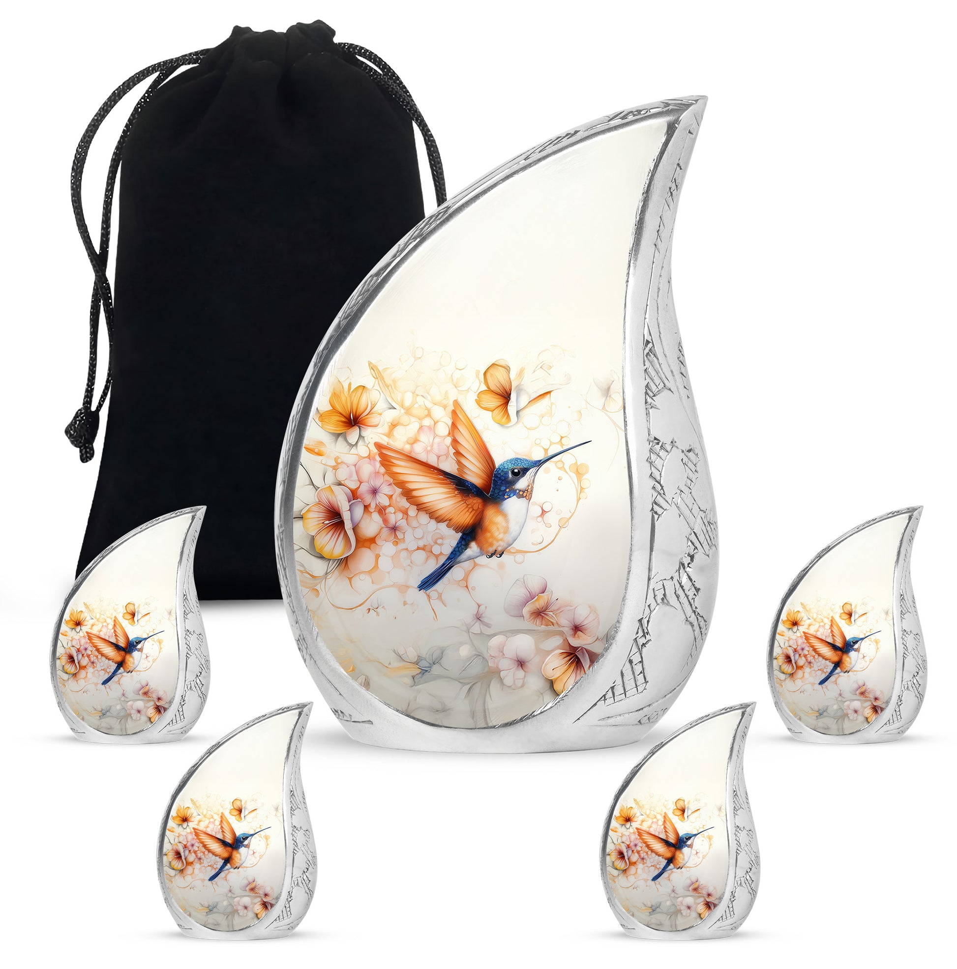 Smoke Gray Hummingbird Cremation Urn side profile showing urn shape - smooth teardrop contour featuring hummingbird art - memorial set with one large and four small urns