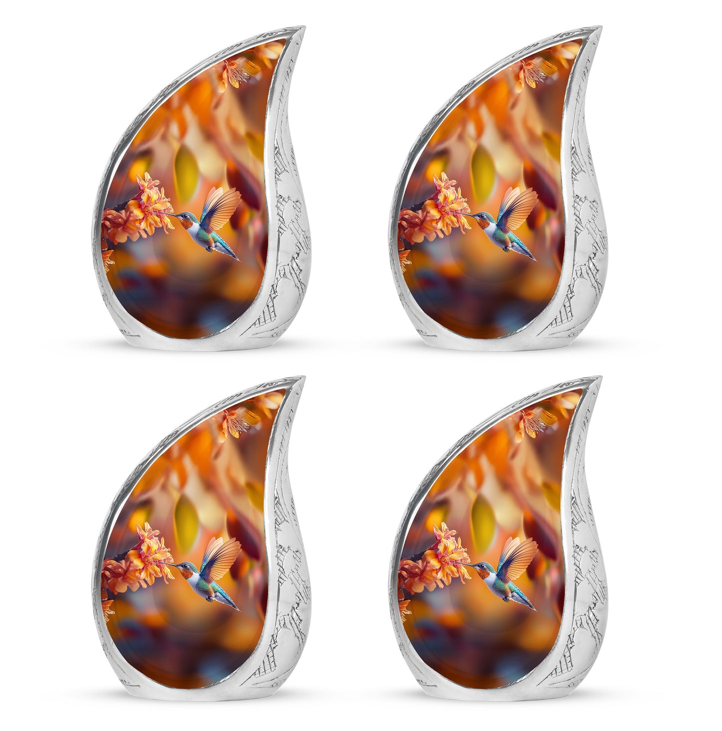 Harvest Gold Hummingbird Cremation Urn close-up of engraving and surface detail - smooth teardrop contour featuring hummingbird art - 10 inch aluminum urn for cremated remains