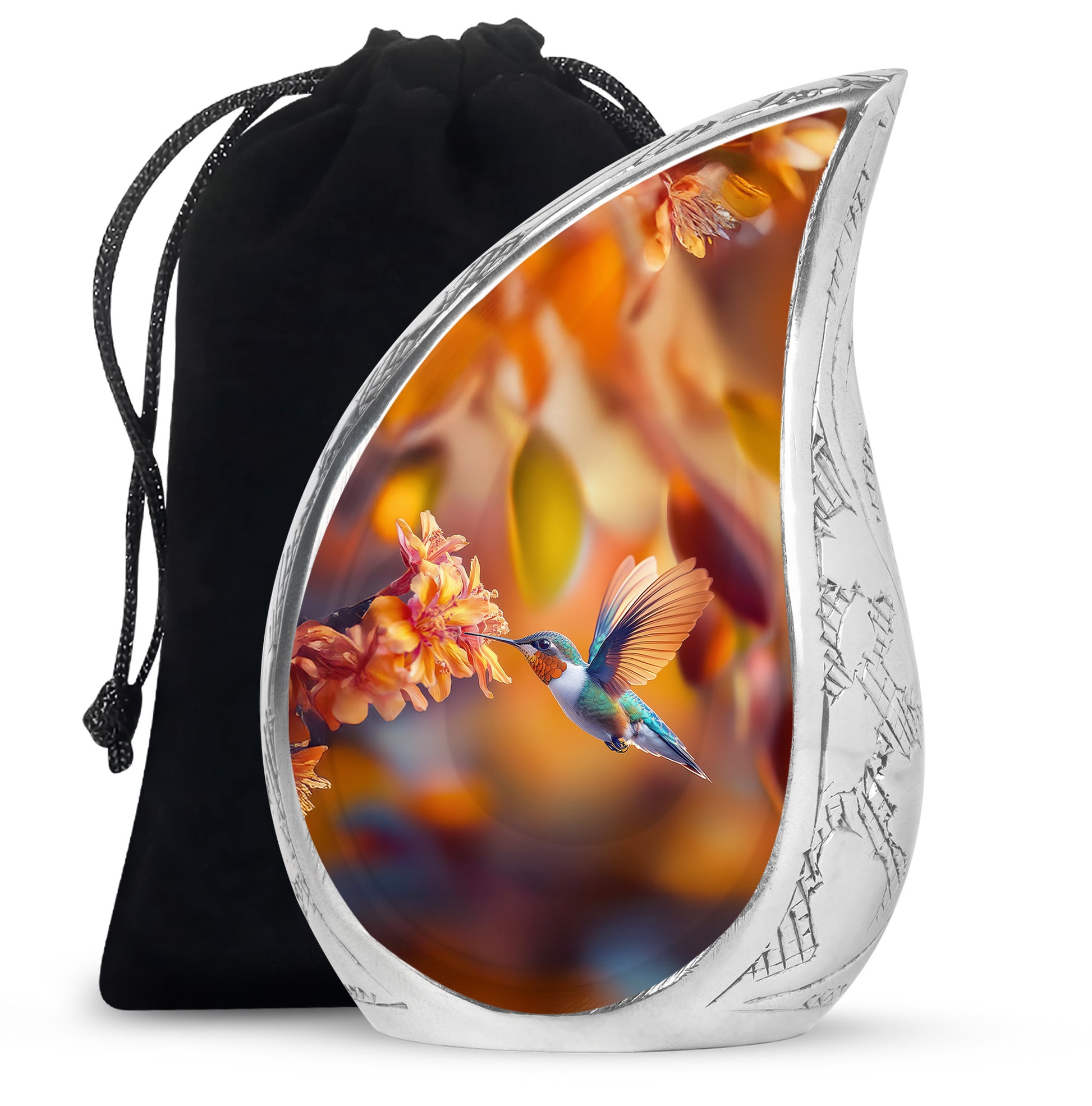 Antique Gold Hummingbird Cremation Urn front view showing detailed design - flowing teardrop hummingbird silhouette on curved aluminum - full-size 10 inch 200 cubic inch adult cremation urn