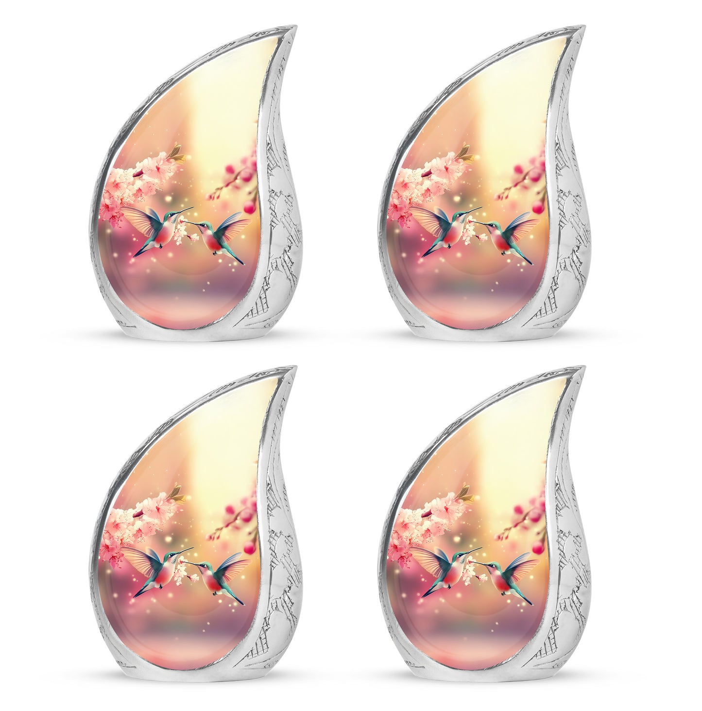 Antique Gold Hummingbird Cremation Urn close-up of engraving and surface detail - rounded teardrop hummingbird design with delicate detail - 10 inch aluminum urn for cremated remains