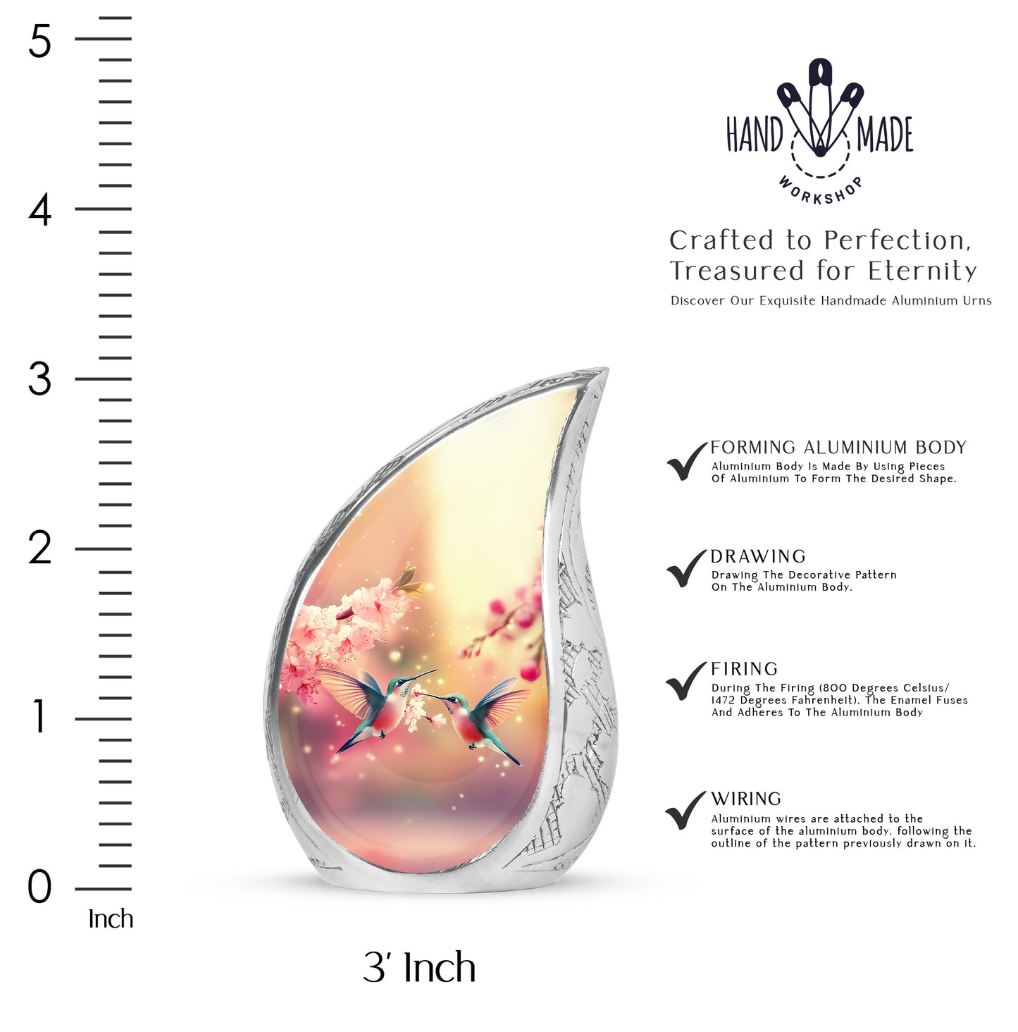 Warm Gold Hummingbird Cremation Urn angled view of lid and engraved motif - smooth teardrop contour featuring hummingbird art - mini keepsake memorial for portion of cremation ashes