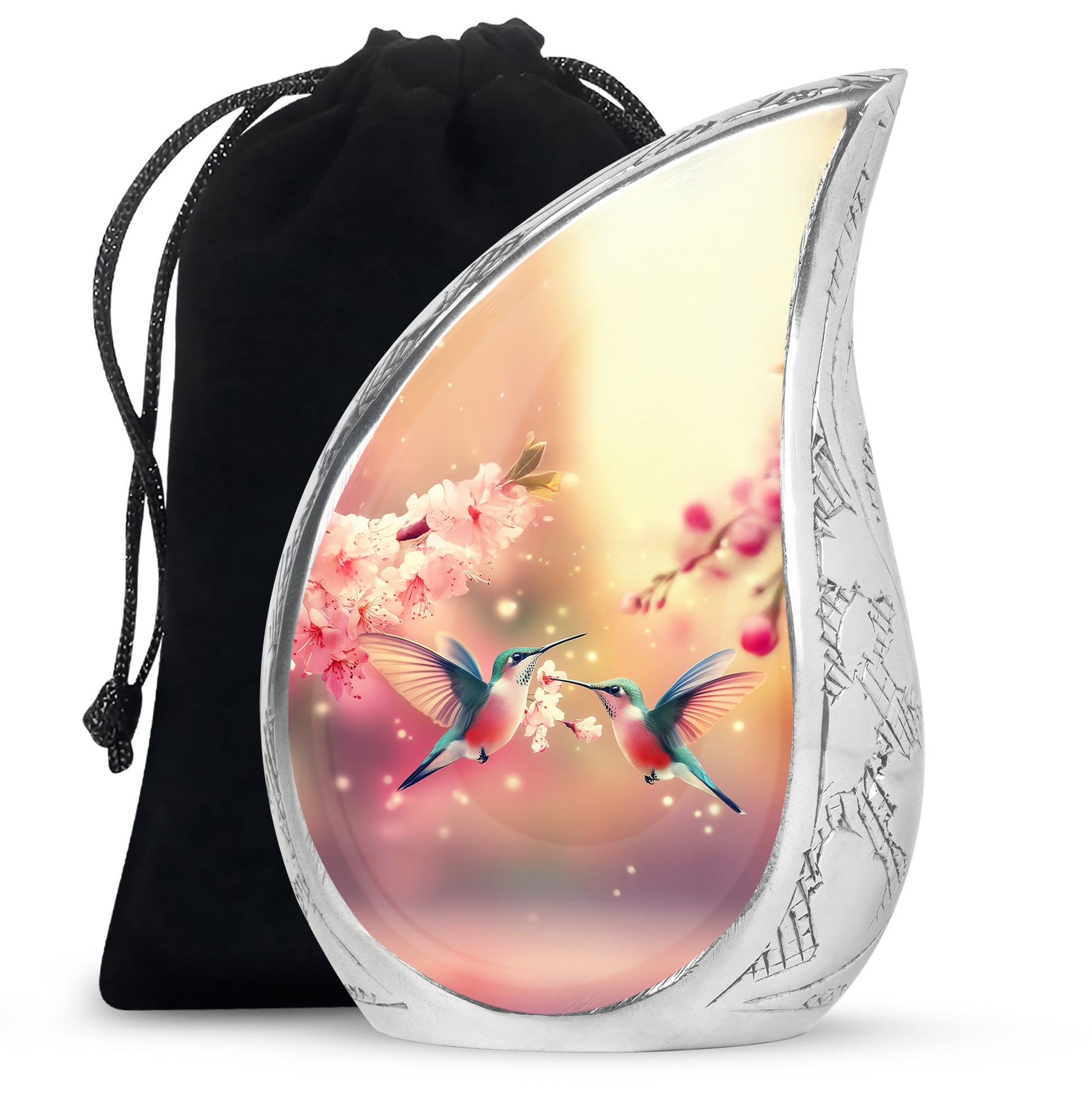 Champagne Gold Hummingbird Cremation Urn front view showing detailed design - flowing teardrop hummingbird silhouette on curved aluminum - full-size 10 inch 200 cubic inch adult cremation urn