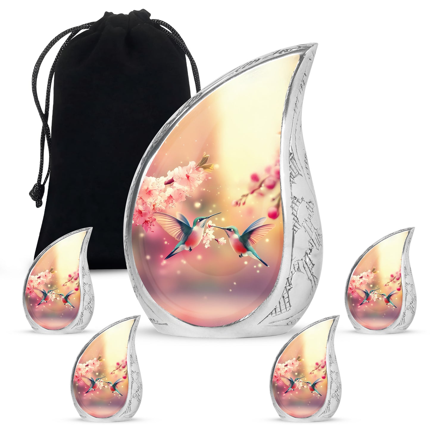 Amber Gold Hummingbird Cremation Urn side profile showing urn shape - flowing teardrop hummingbird silhouette on curved aluminum - memorial set with one large and four small urns