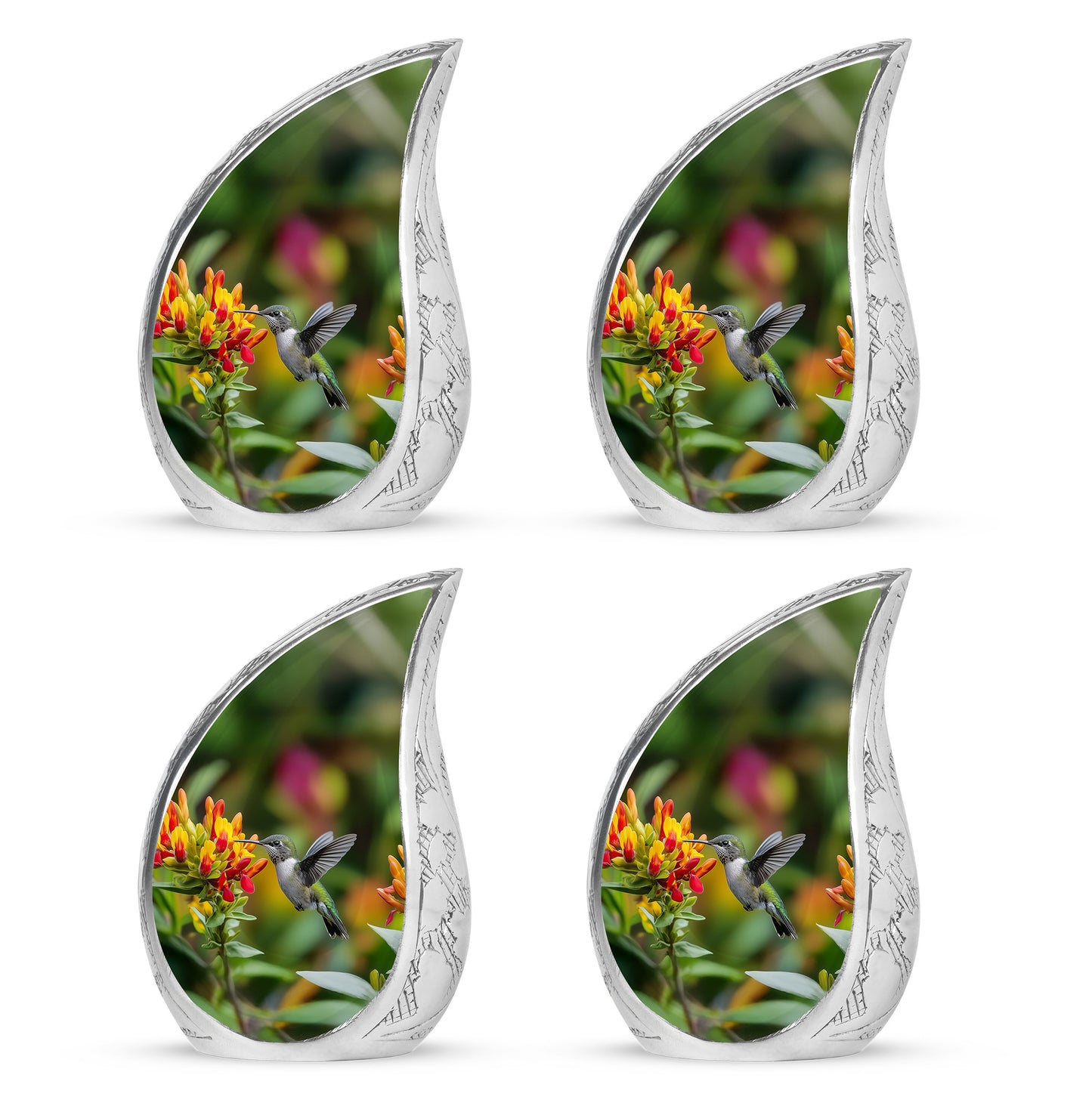 Marigold Yellow Hummingbird Cremation Urn close-up of engraving and surface detail - graceful tear-shaped urn with hummingbird motif - 10 inch aluminum urn for cremated remains