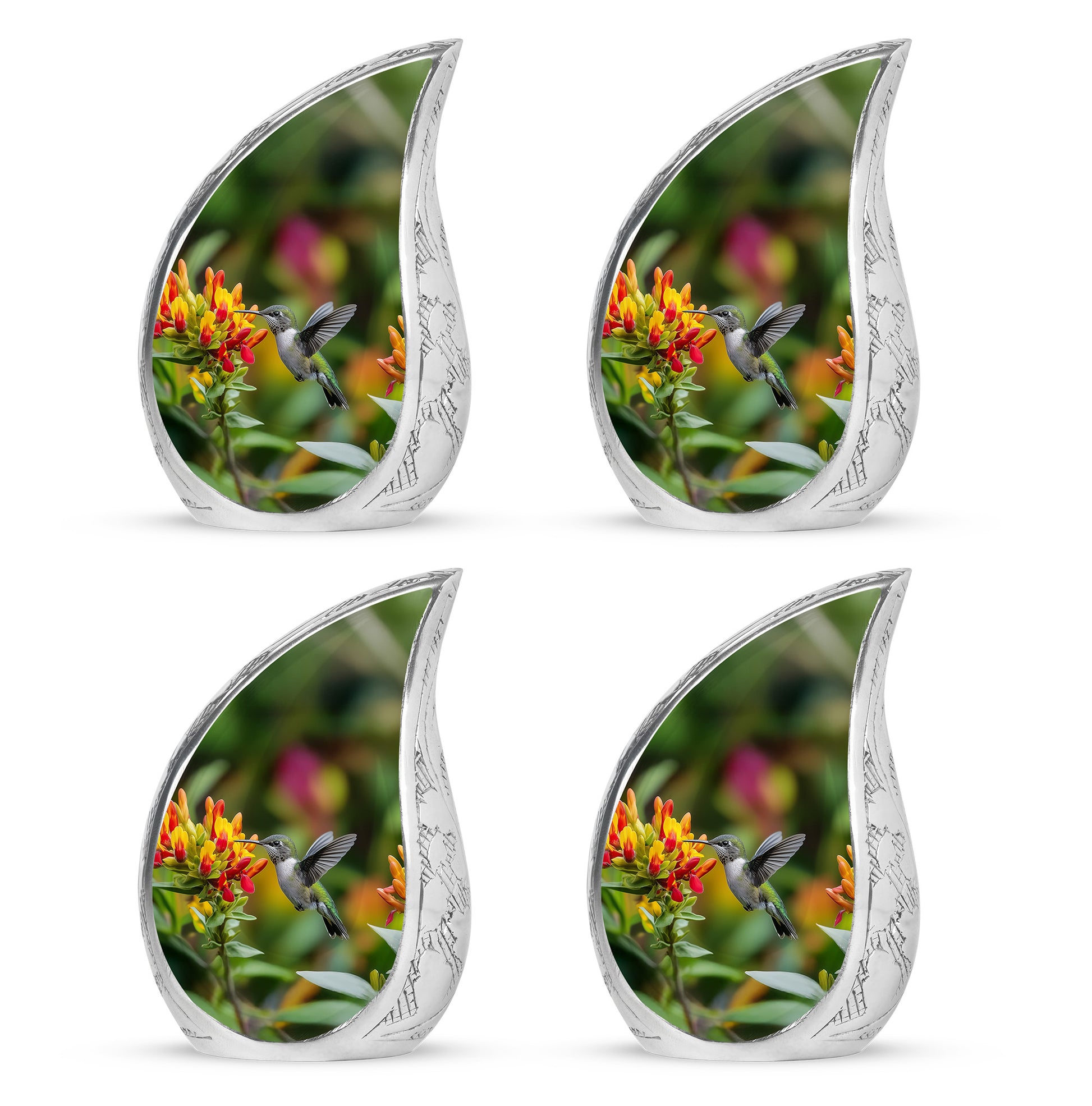 Marigold Yellow Hummingbird Cremation Urn close-up of engraving and surface detail - graceful tear-shaped urn with hummingbird motif - 10 inch aluminum urn for cremated remains
