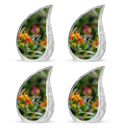Marigold Yellow Hummingbird Cremation Urn close-up of engraving and surface detail - graceful tear-shaped urn with hummingbird motif - 10 inch aluminum urn for cremated remains