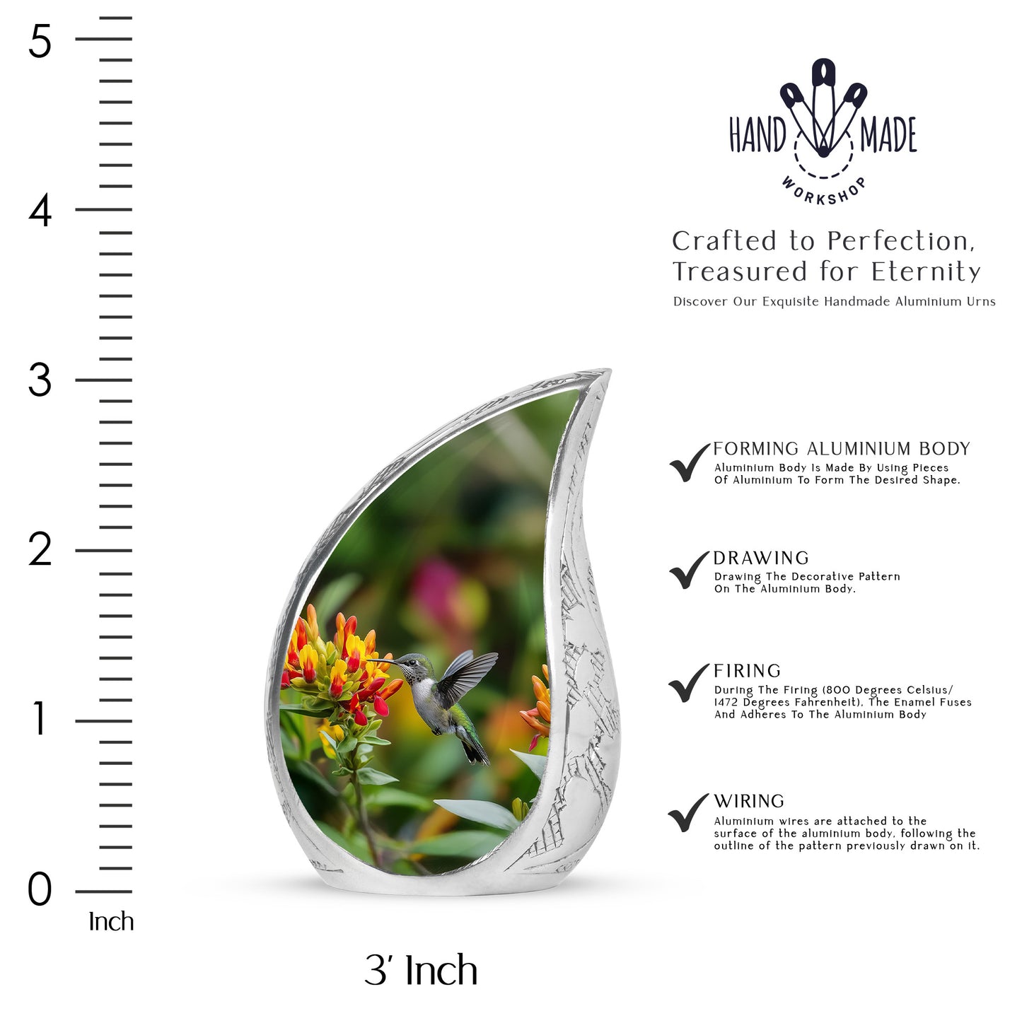 Honey Yellow Hummingbird Cremation Urn angled view of lid and engraved motif - graceful tear-shaped urn with hummingbird motif - mini keepsake memorial for portion of cremation ashes