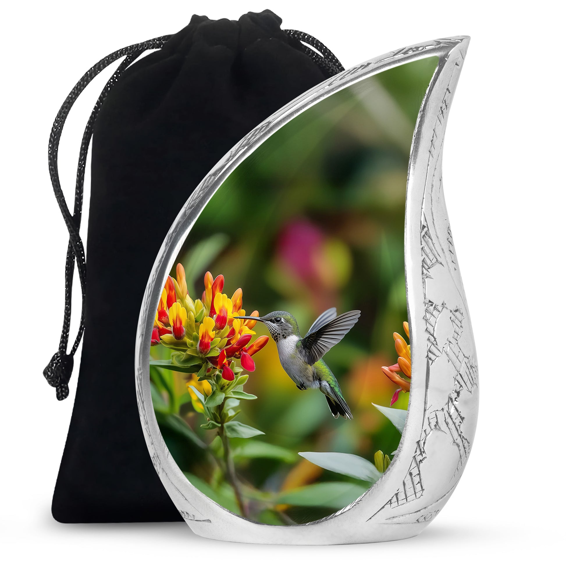 Buttercup Yellow Hummingbird Cremation Urn front view showing detailed design - rounded teardrop hummingbird design with delicate detail - full-size 10 inch 200 cubic inch adult cremation urn