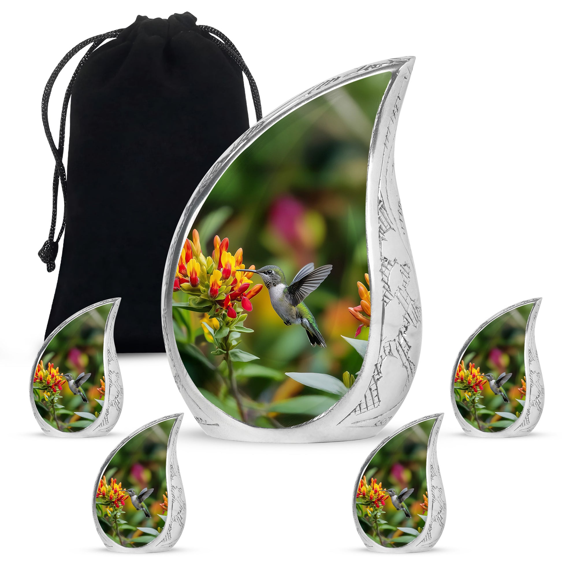 Amber Yellow Hummingbird Cremation Urn side profile showing urn shape - flowing teardrop hummingbird silhouette on curved aluminum - memorial set with one large and four small urns