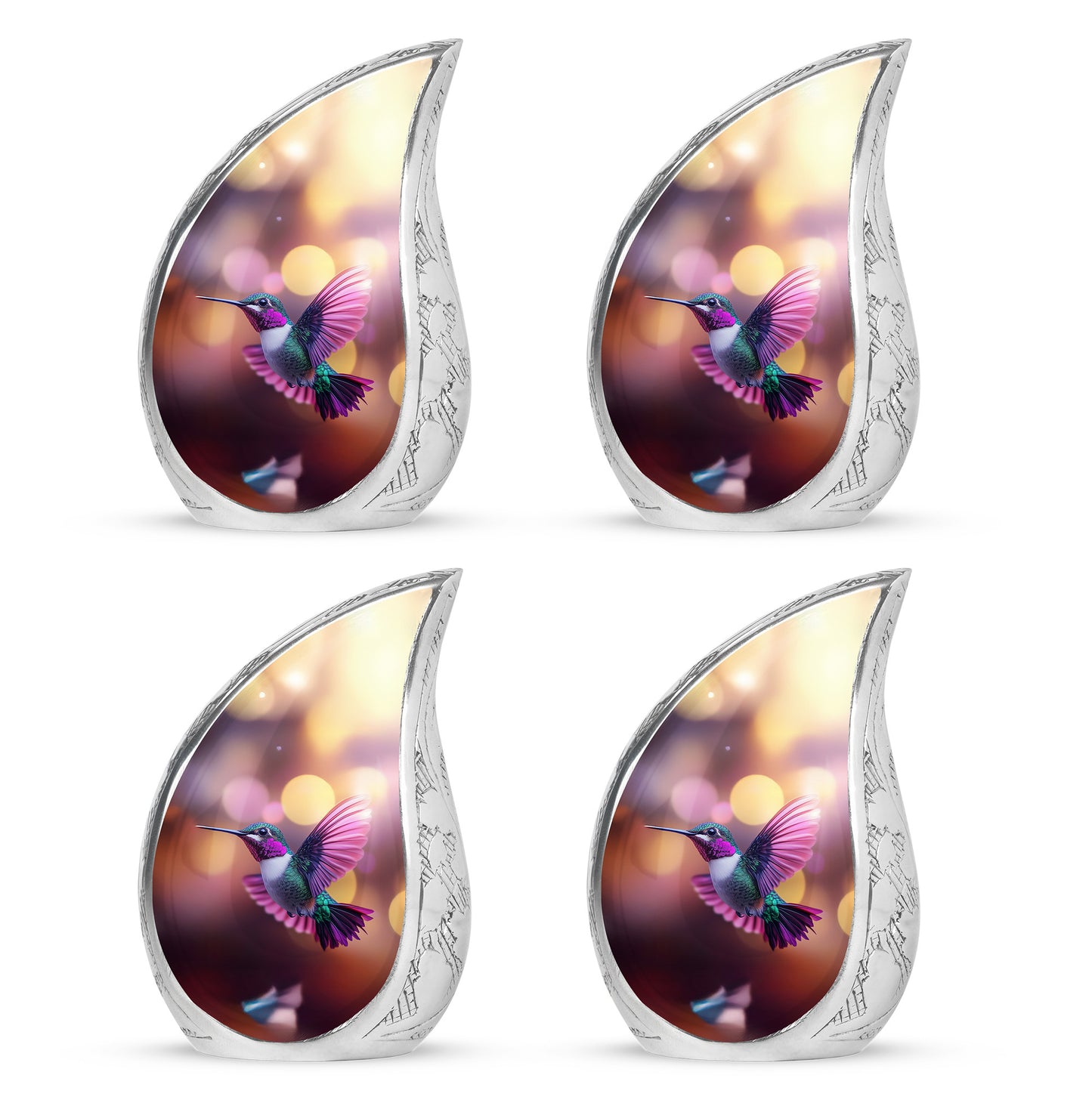Ruby Red Hummingbird Cremation Urn close-up of engraving and surface detail - smooth teardrop contour featuring hummingbird art - 10 inch aluminum urn for cremated remains