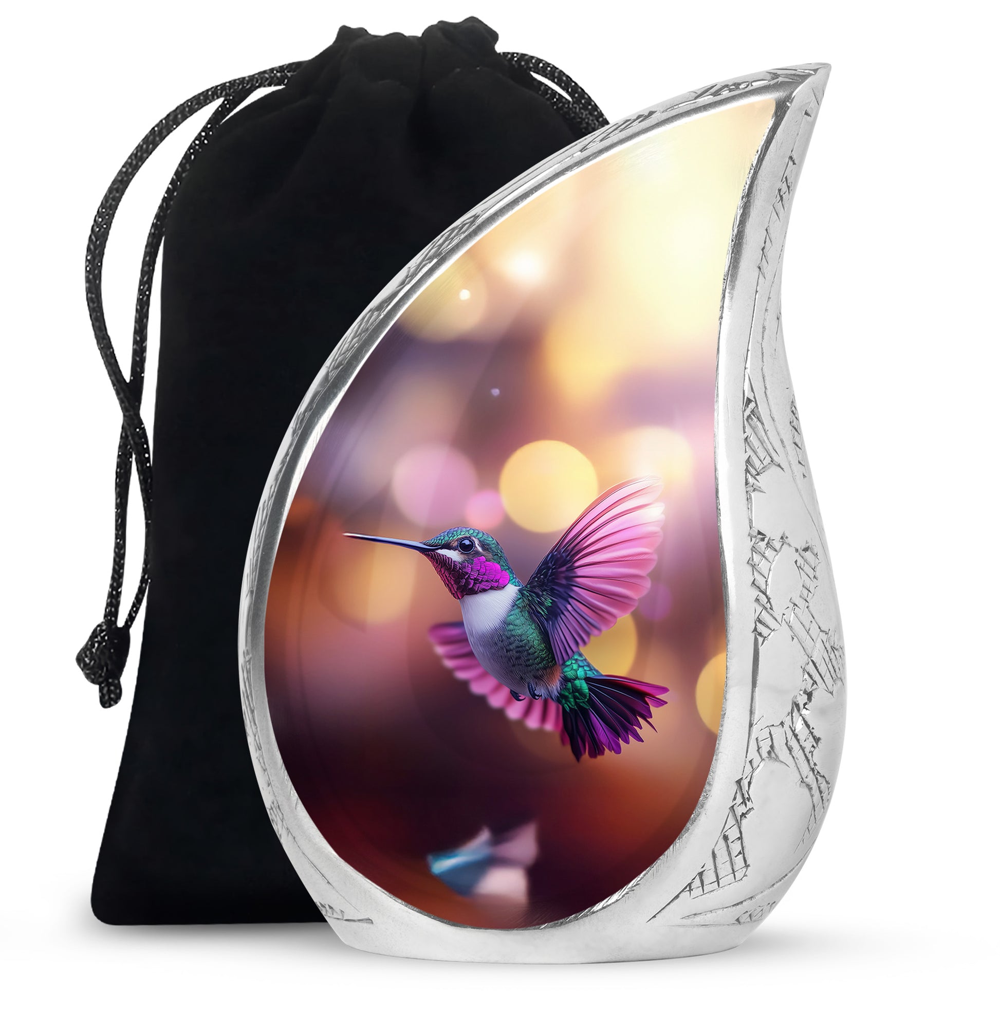 Crimson Red Hummingbird Cremation Urn front view showing detailed design - rounded teardrop hummingbird design with delicate detail - full-size 10 inch 200 cubic inch adult cremation urn