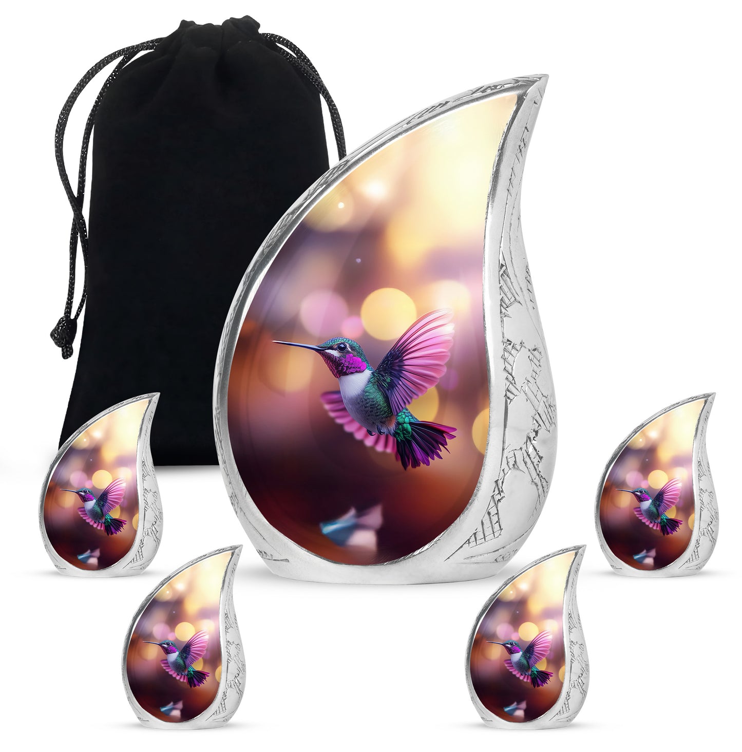 Deep Red Hummingbird Cremation Urn side profile showing urn shape - rounded teardrop hummingbird design with delicate detail - memorial set with one large and four small urns