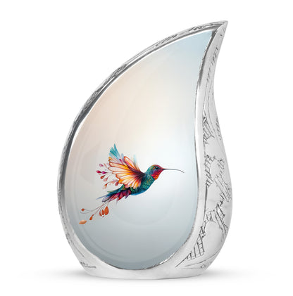 Personalized Hummingbird Cremation Urns - Pristine Silver 10-inch, 200 cu in - Yatskia