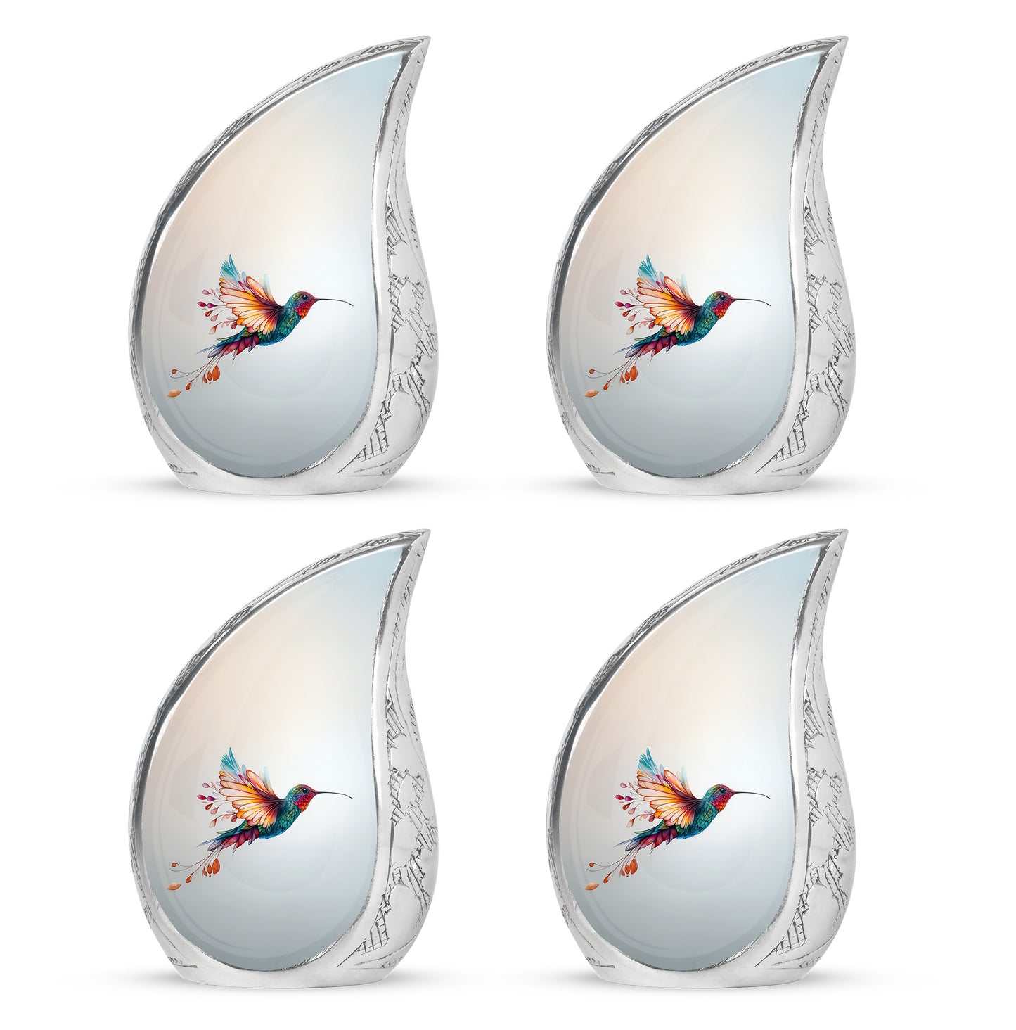 Platinum Silver Hummingbird Cremation Urn close-up of engraving and surface detail - flowing teardrop hummingbird silhouette on curved aluminum - 10 inch aluminum urn for cremated remains