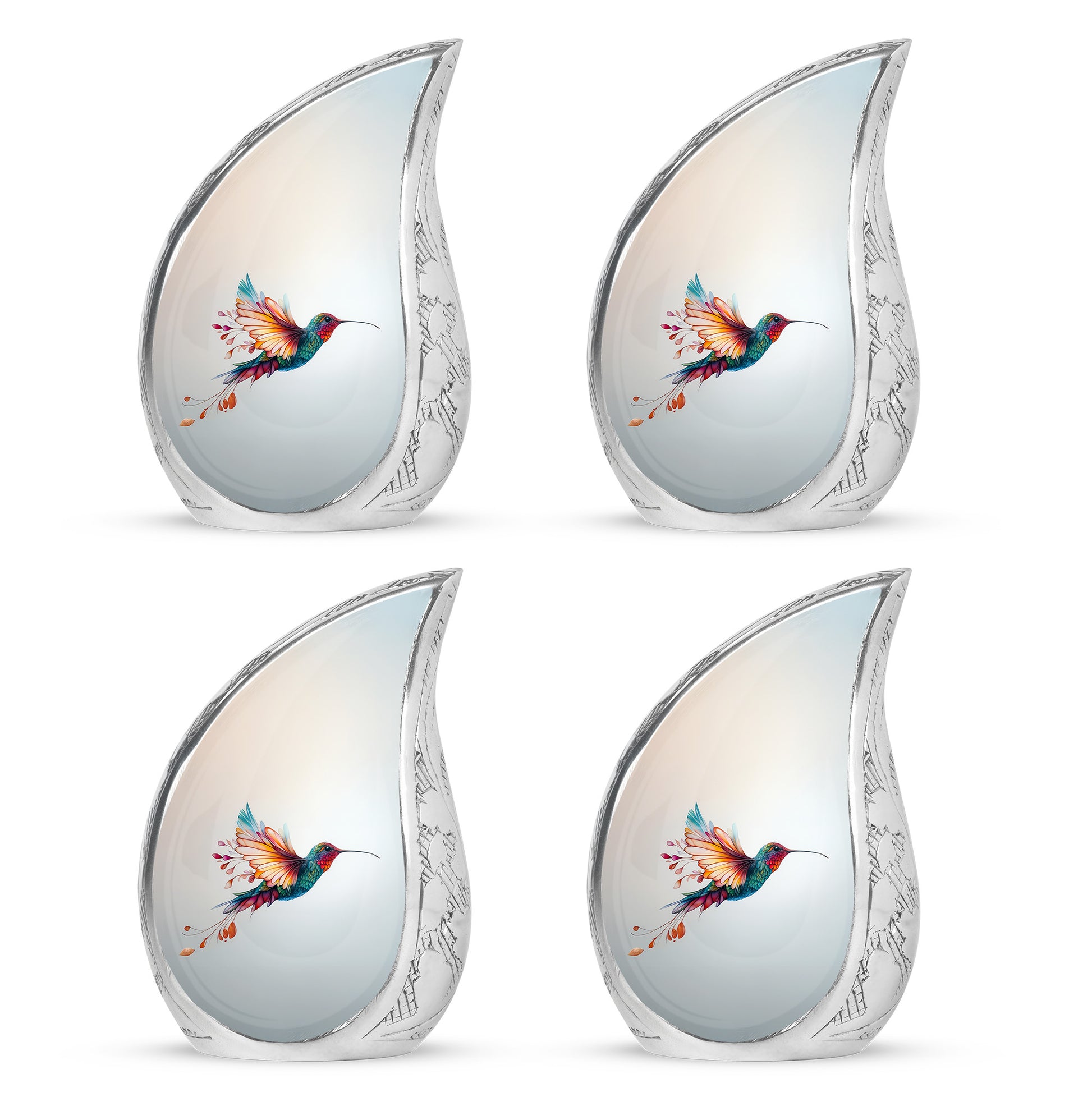 Platinum Silver Hummingbird Cremation Urn close-up of engraving and surface detail - flowing teardrop hummingbird silhouette on curved aluminum - 10 inch aluminum urn for cremated remains