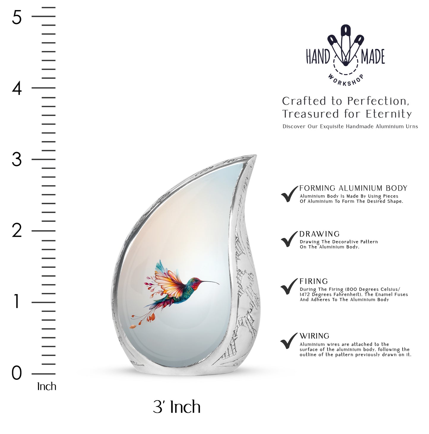 Brushed Silver Hummingbird Cremation Urn angled view of lid and engraved motif - rounded teardrop hummingbird design with delicate detail - mini keepsake memorial for portion of cremation ashes