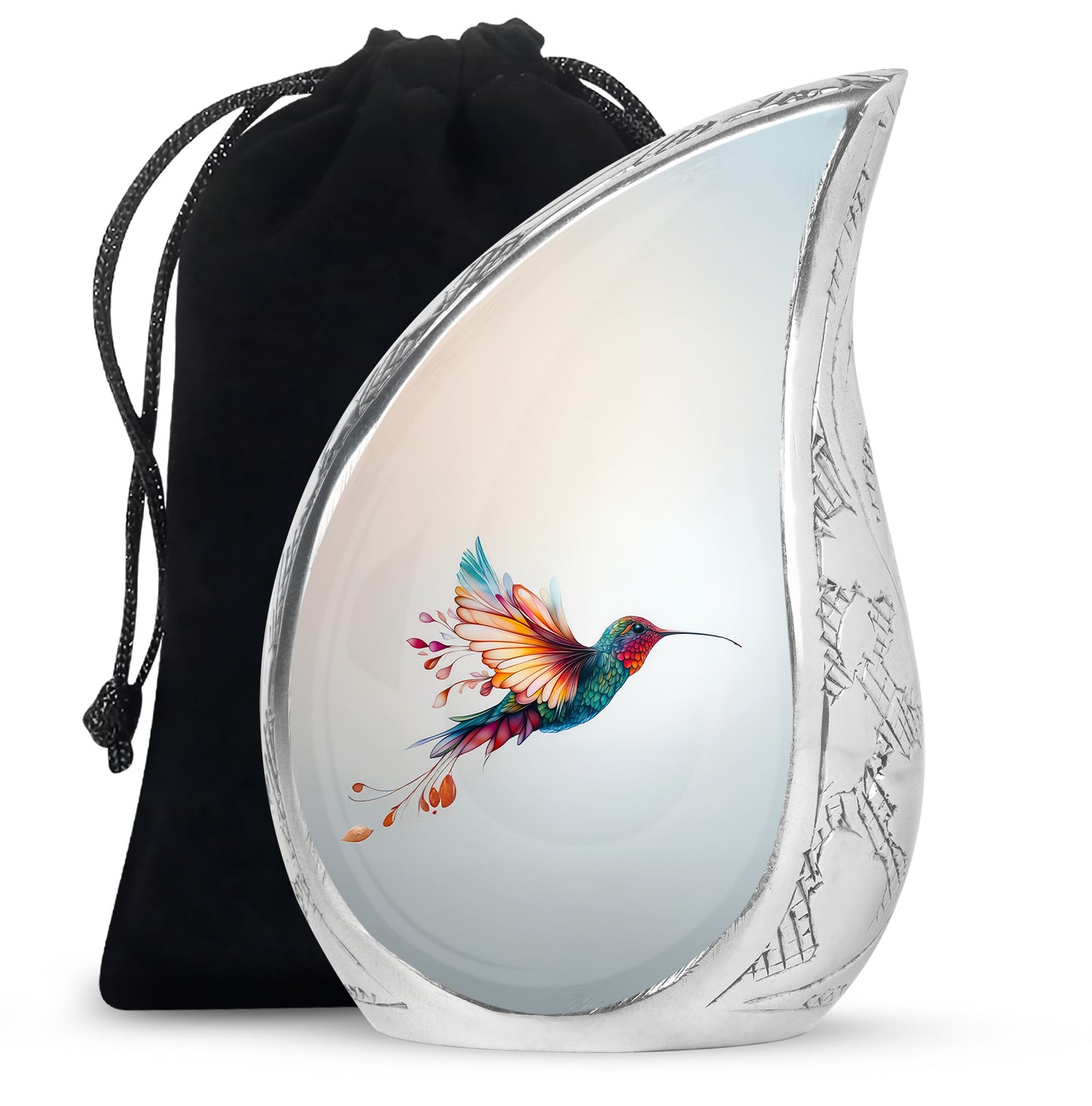 Polished Silver Hummingbird Cremation Urn front view showing detailed design - smooth teardrop contour featuring hummingbird art - full-size 10 inch 200 cubic inch adult cremation urn
