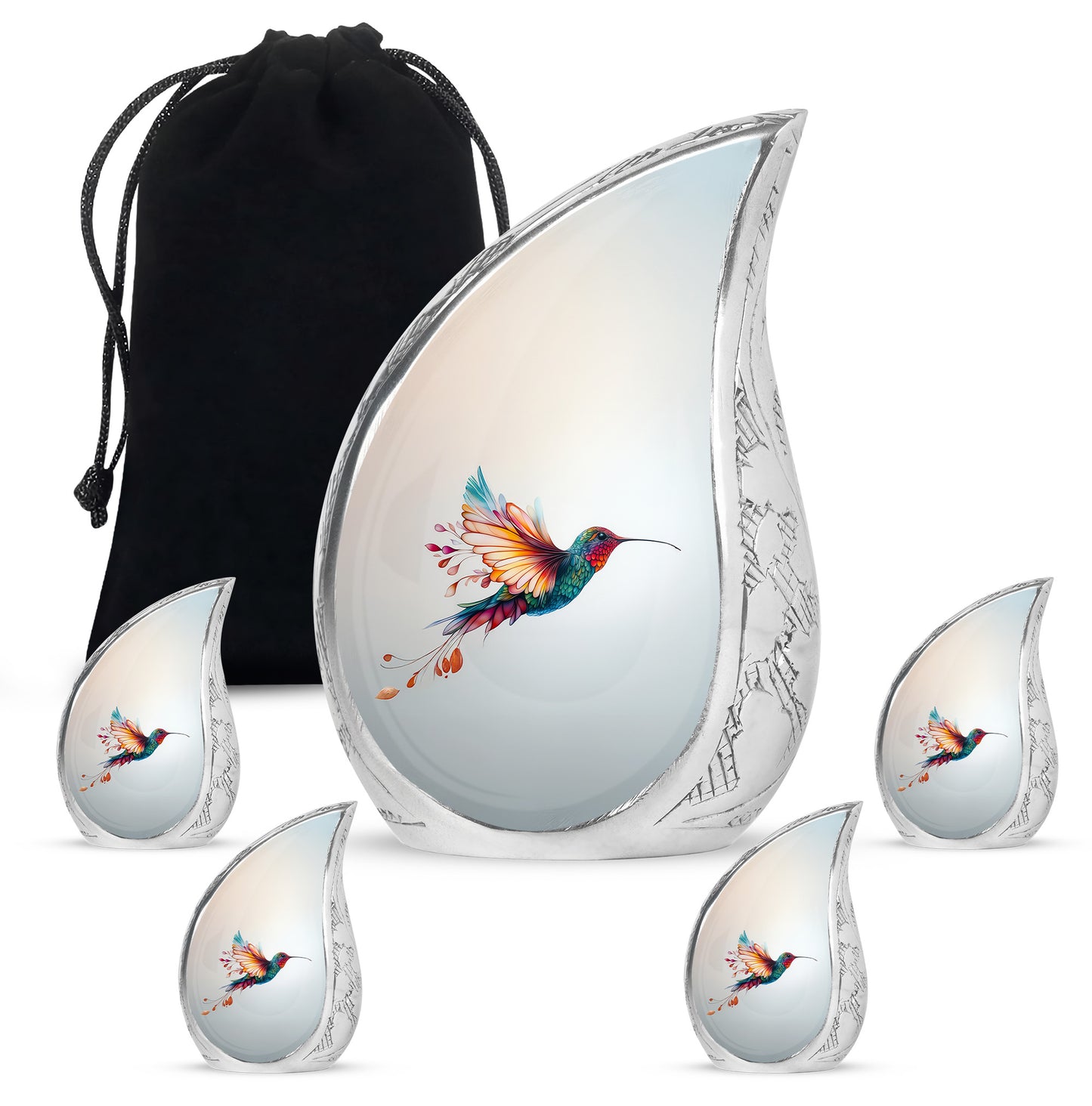 Chrome Silver Hummingbird Cremation Urn side profile showing urn shape - graceful tear-shaped urn with hummingbird motif - memorial set with one large and four small urns