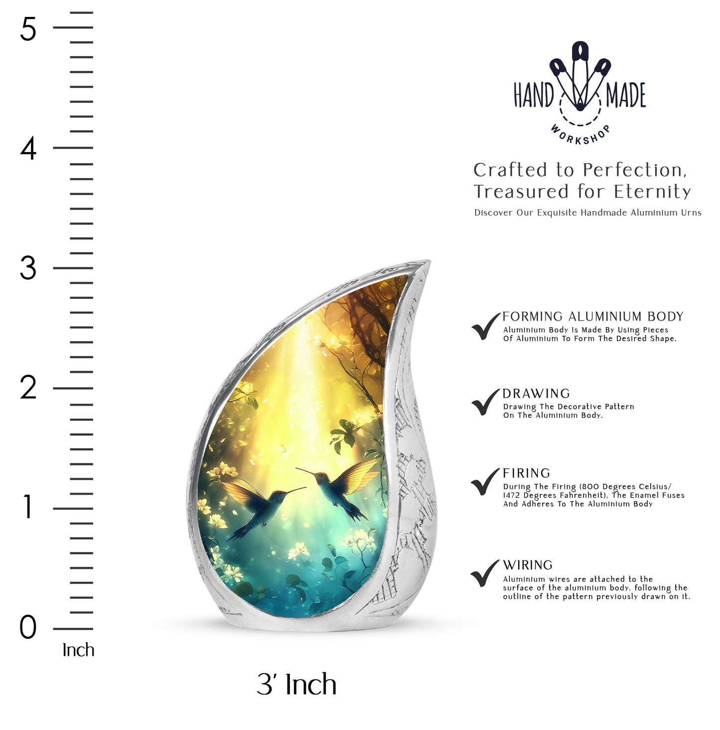 Warm Gold Hummingbird Cremation Urn angled view of lid and engraved motif - smooth teardrop contour featuring hummingbird art - mini keepsake memorial for portion of cremation ashes