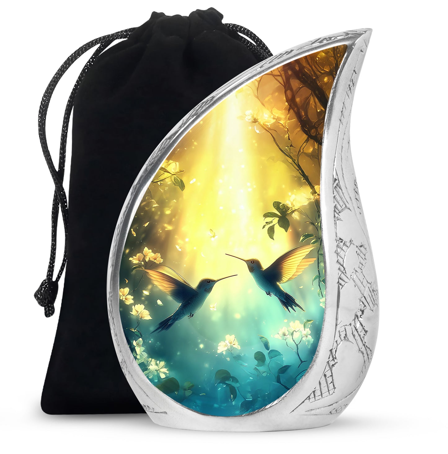 Amber Gold Hummingbird Cremation Urn front view showing detailed design - flowing teardrop hummingbird silhouette on curved aluminum - full-size 10 inch 200 cubic inch adult cremation urn