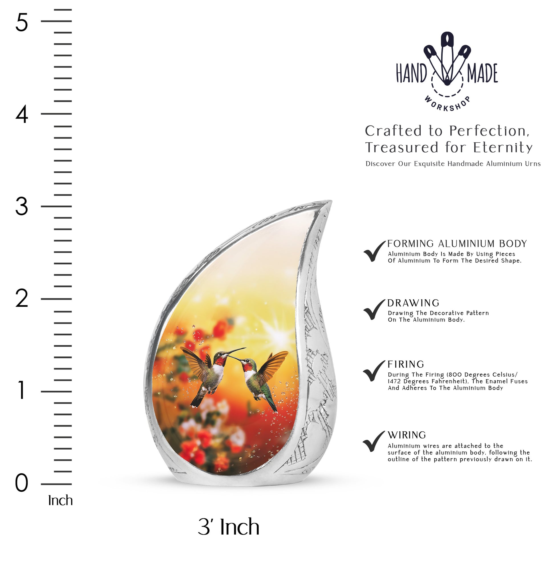 Burnished Gold Hummingbird Cremation Urn angled view of lid and engraved motif - graceful tear-shaped urn with hummingbird motif - mini keepsake memorial for portion of cremation ashes