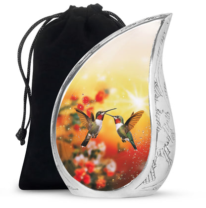 Burnished Gold Hummingbird Cremation Urn front view showing detailed design - smooth teardrop contour featuring hummingbird art - full-size 10 inch 200 cubic inch adult cremation urn