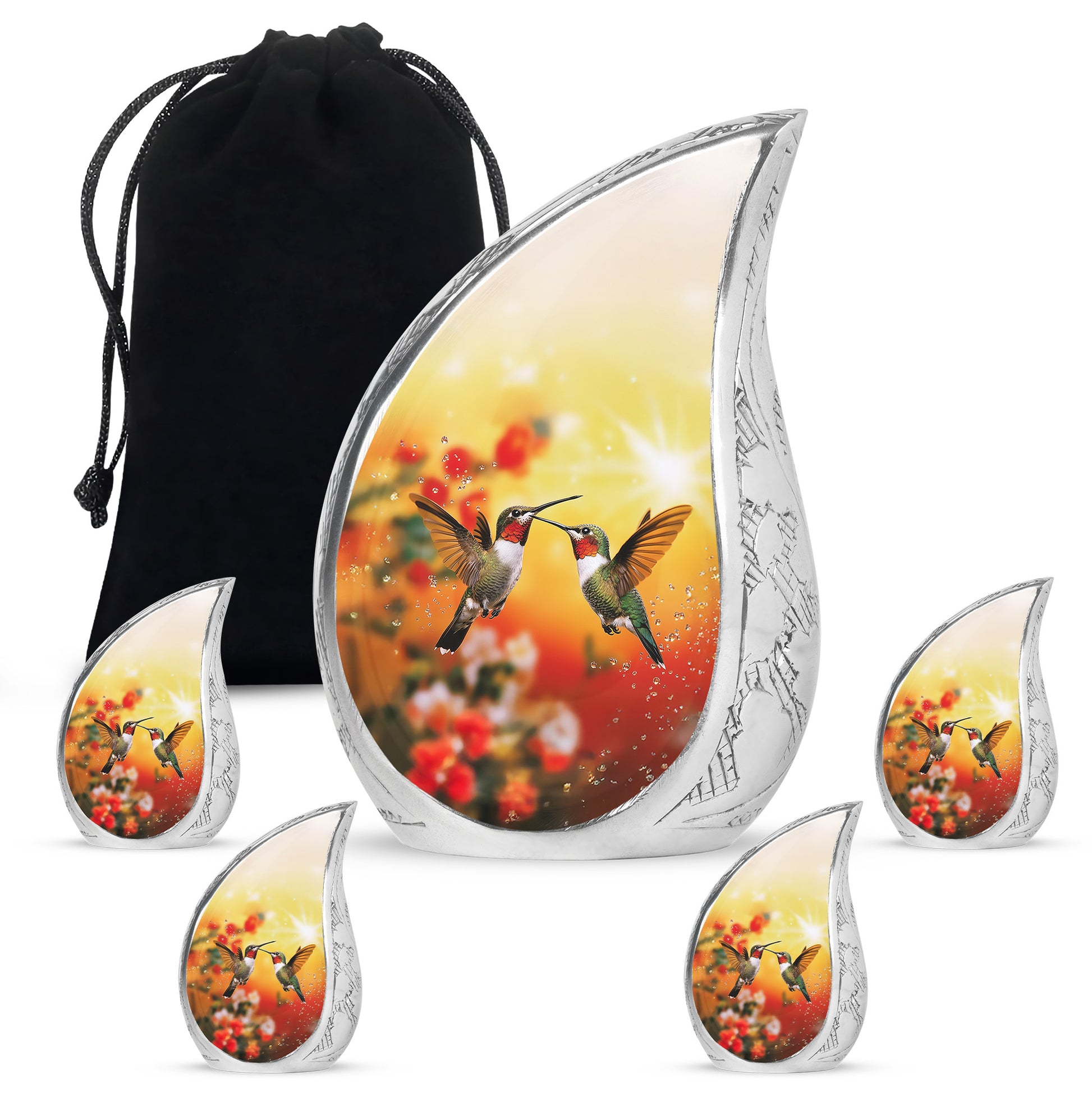 Gilded Gold Hummingbird Cremation Urn side profile showing urn shape - flowing teardrop hummingbird silhouette on curved aluminum - memorial set with one large and four small urns