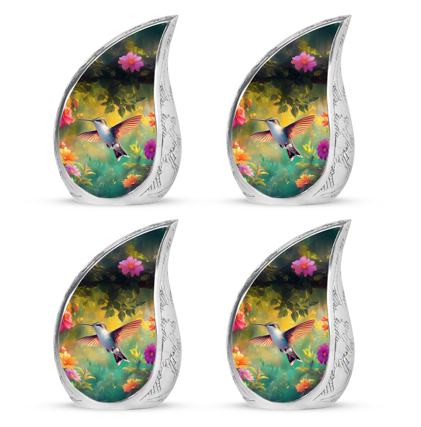 Glossy Black Hummingbird Cremation Urn close-up of engraving and surface detail - flowing teardrop hummingbird silhouette on curved aluminum - 10 inch aluminum urn for cremated remains
