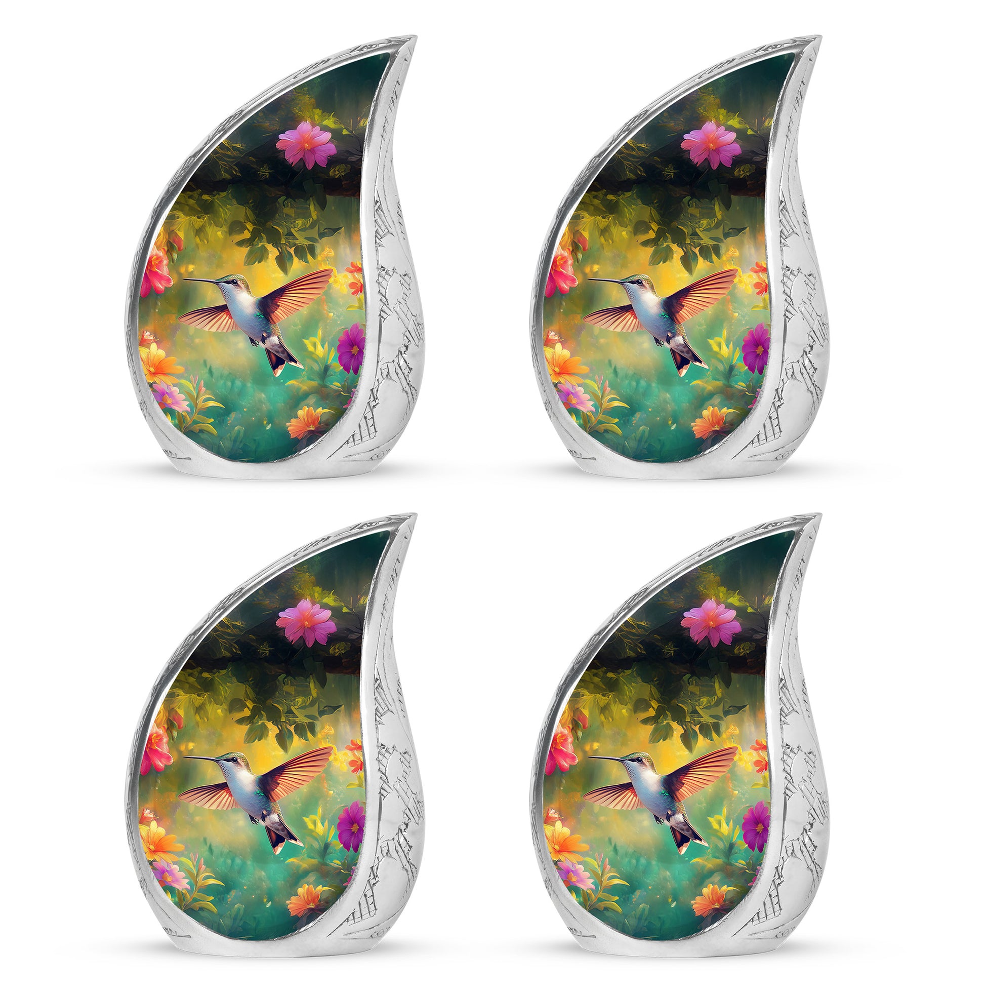 Glossy Black Hummingbird Cremation Urn close-up of engraving and surface detail - flowing teardrop hummingbird silhouette on curved aluminum - 10 inch aluminum urn for cremated remains
