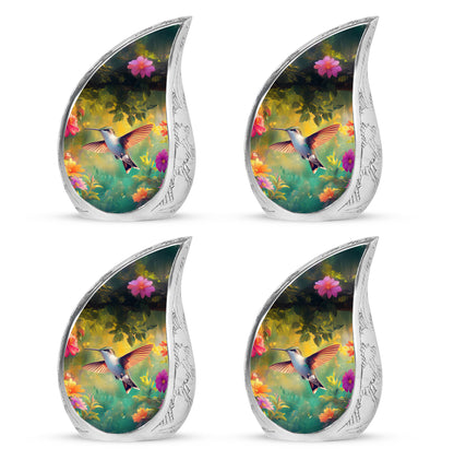 Glossy Black Hummingbird Cremation Urn close-up of engraving and surface detail - flowing teardrop hummingbird silhouette on curved aluminum - 10 inch aluminum urn for cremated remains
