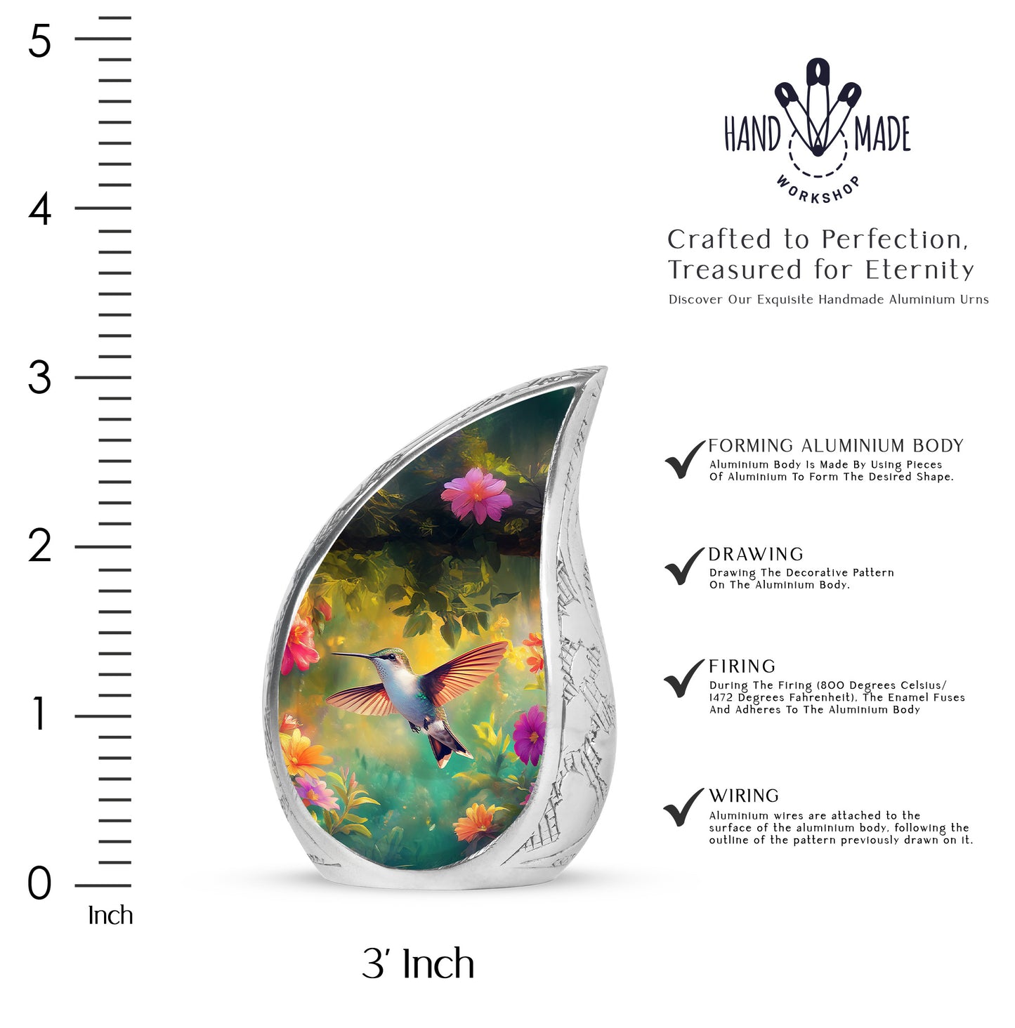Glossy Black Hummingbird Cremation Urn angled view of lid and engraved motif - rounded teardrop hummingbird design with delicate detail - mini keepsake memorial for portion of cremation ashes
